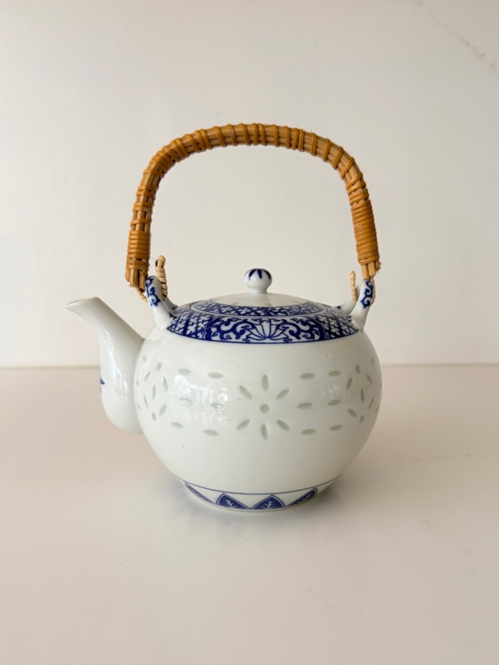 Blue & White Rice Grain Porcelain Teapot with Woven Handle